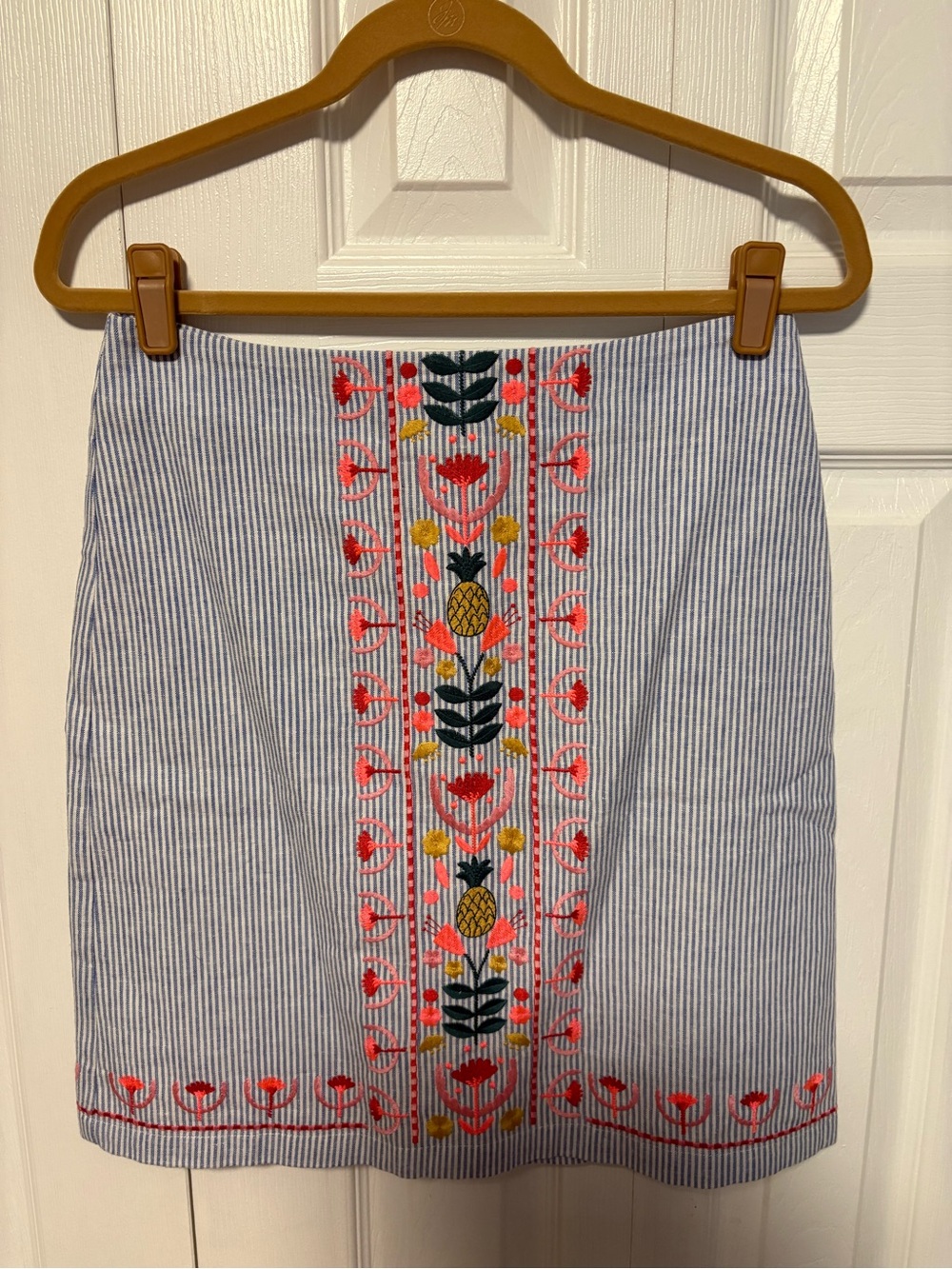 NWOT Boden Flower Embroidered Blue Stripe Linen/Cotton Skirt